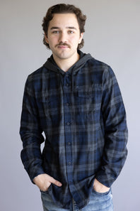 Hooded Plaid Flannel for Men in Navy Grey