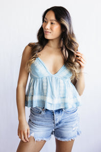 Embroidered Peplum Top for Women in Light Blue