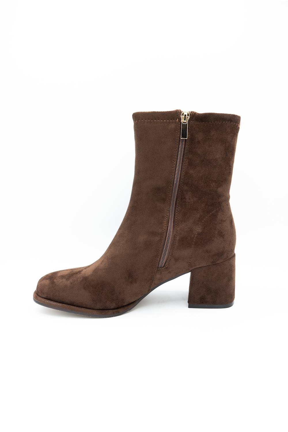 A brown suede ankle boot with a block heel and side zipper, shown from a side profile on a white background.