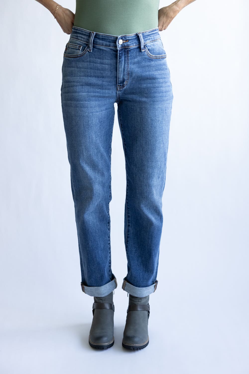 Judy Blue Mid Rise Clean Cuffed Boyfriend Jeans for Women