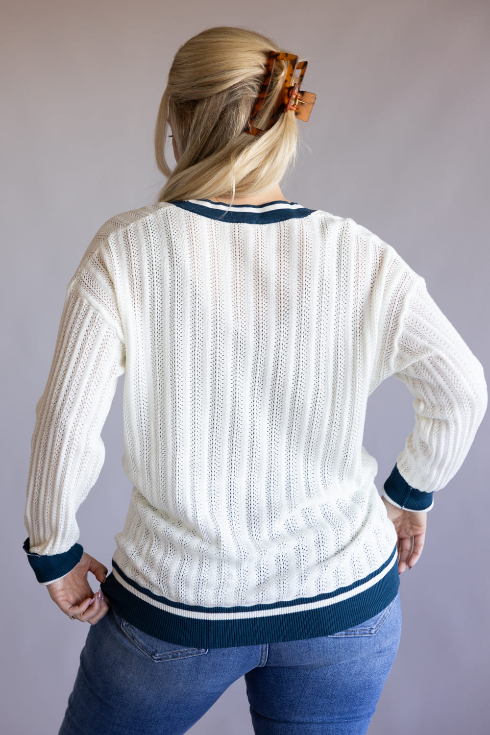 Simply Southern Oversized Long Varsity Cardigan for Women in White/Navy