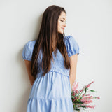 Smocked Bodice Puff Sleeve Tiered Dress for Women in Blue