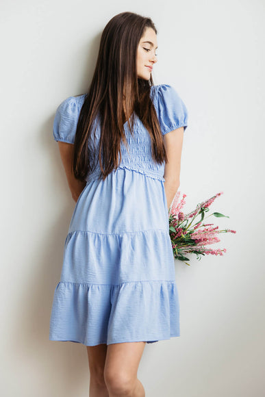 Smocked Bodice Puff Sleeve Tiered Dress for Women in Blue