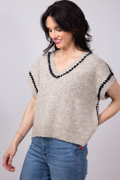 Aaron & Amber Embroidered V-Neck Sweater Vest for Women in Oatmeal