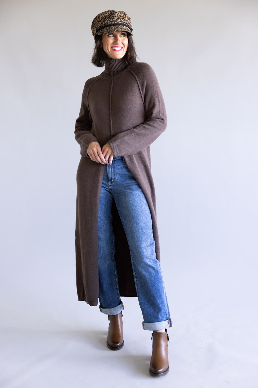 Turtleneck Tunic Sweater for Women in Brown