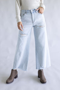 Mica High Rise Light Wash Wide Leg Fray Hem Jeans for Women