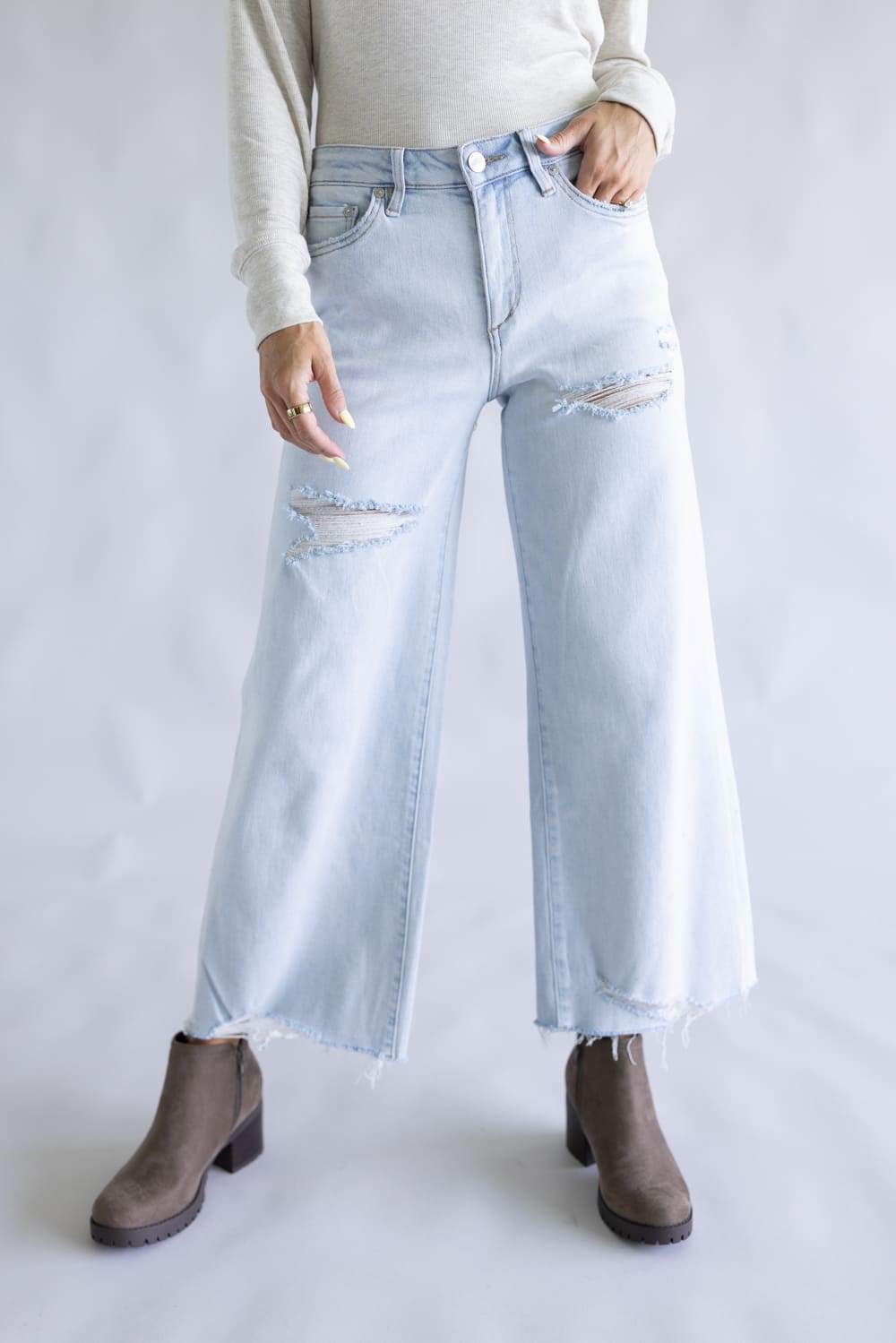 Mica High Rise Light Wash Wide Leg Fray Hem Jeans for Women