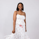 Cherry Embroidered Tiered Midi Skirt for Women in White