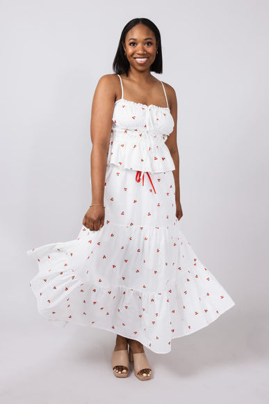 Cherry Embroidered Tiered Midi Skirt for Women in White