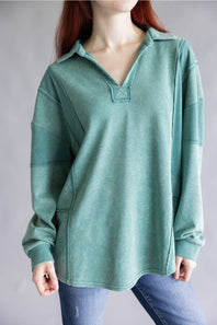 Mineral Wash Oversized French Terry Top for Women in Sage