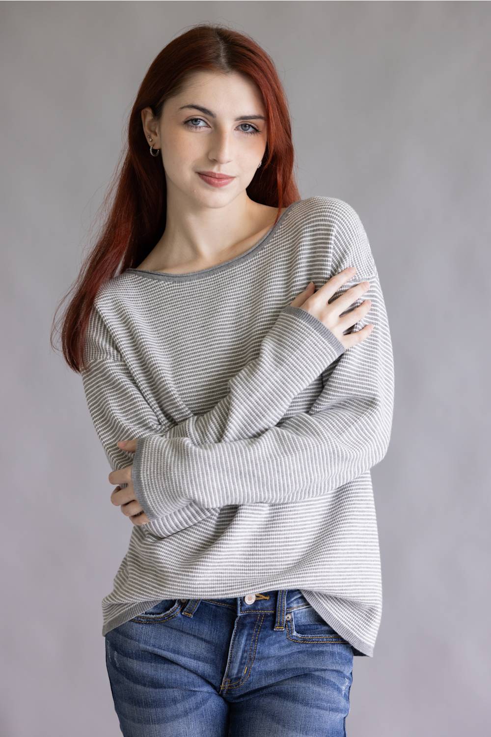 Pinstriped Long Sleeve Sweater for Women in Heather Grey