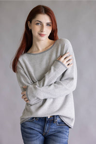 Pinstriped Long Sleeve Sweater for Women in Heather Grey