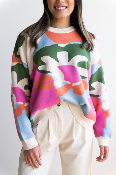 Flower Print Sweater for Women in Cream/Multi