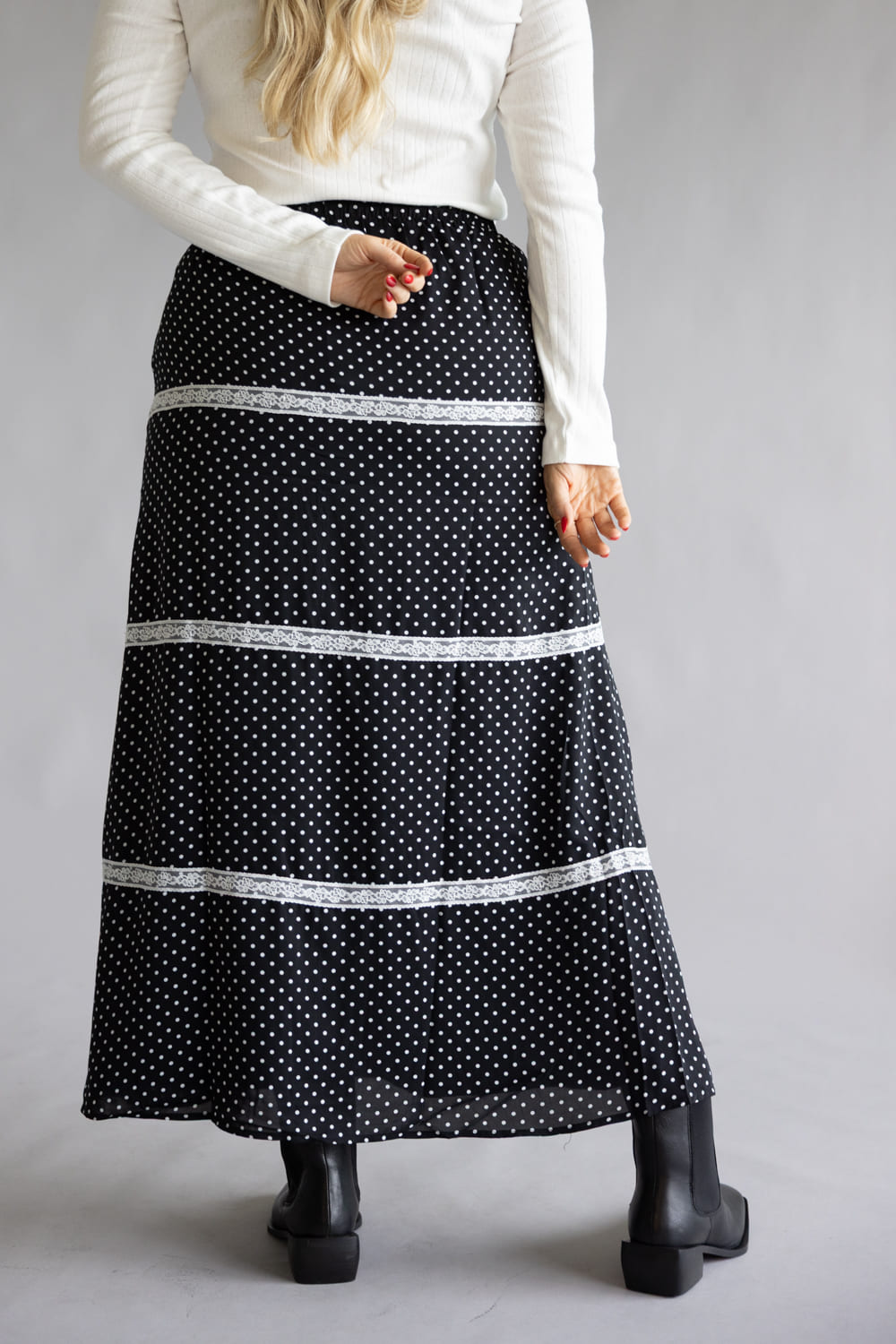 Rowan Polka Dot Tiered Maxi Skirt for Women in Black