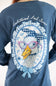 A person wearing a slate blue long-sleeve shirt, showing the back graphic. The graphic features a cute duck illustration wearing pink glasses and a blue-and-white gingham bow headband, framed by a blue-and-white gingham ruffled border with the text 'Unbothered And Iconic' above it.
