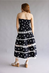 Strut & Bolt Polka Dot Eyelet Lace Strapless Midi Dress for Women in Black