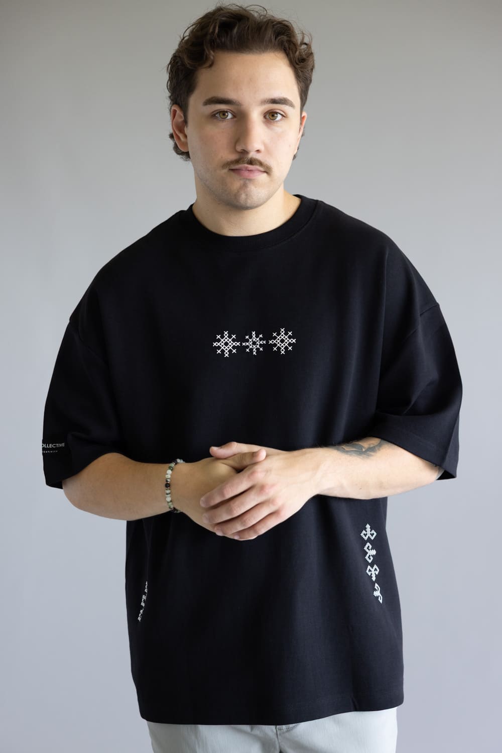 White Geo Embroidered T-Shirt for Men in Black