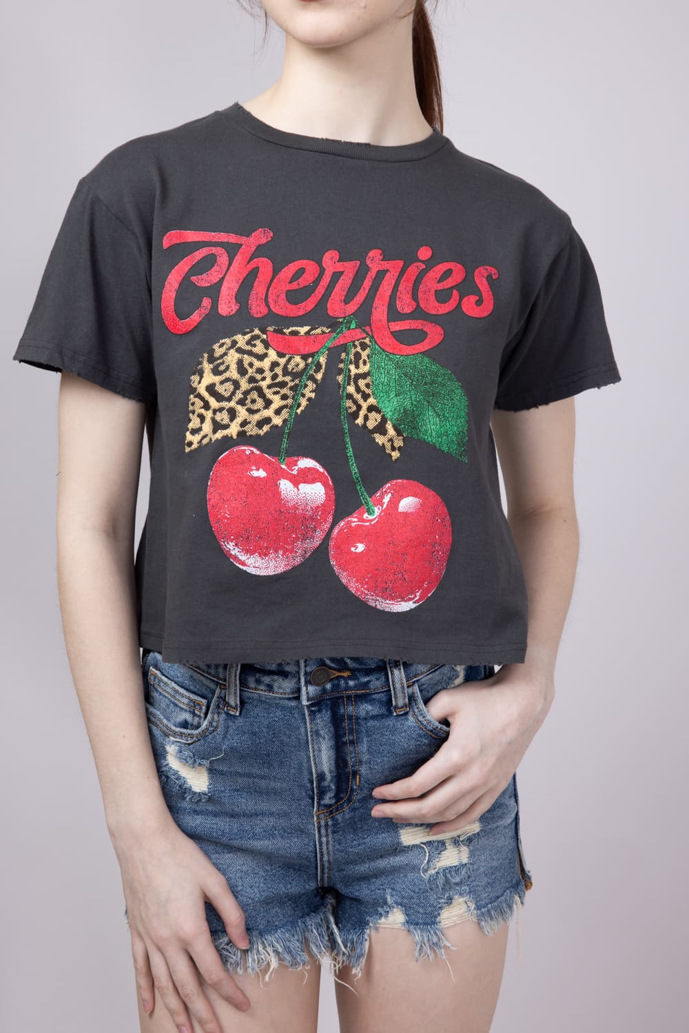 Cherries Leopard Graphic T-Shirt for Women in Grey Black