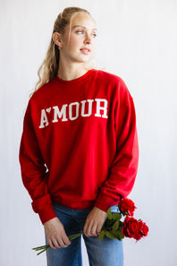 1897 Active Amour Embroidered Fleece Sweatshirt for Women in Red
