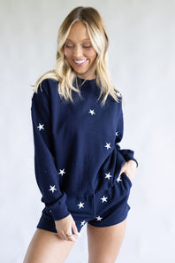 1897 Active Embroidered Star Fleece Sweatshirt for Women in Navy Blue