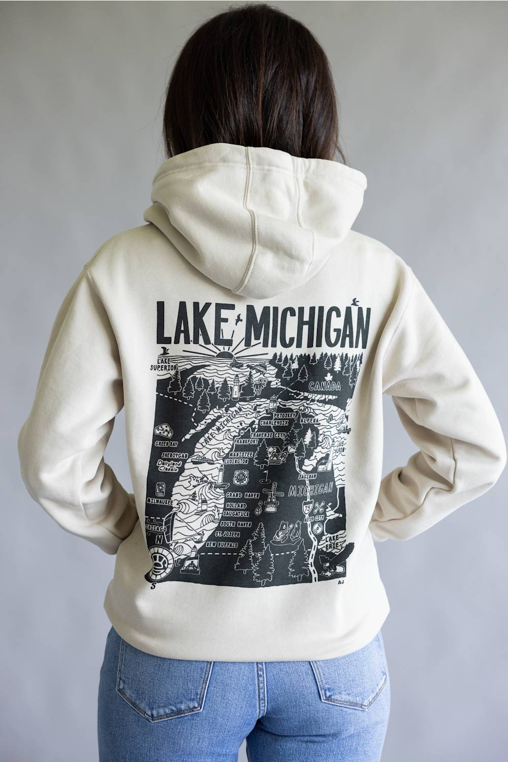 Distant Local Michigan Great Lakes Map Unisex Hoodie in Bone | 2580-BONE-MI