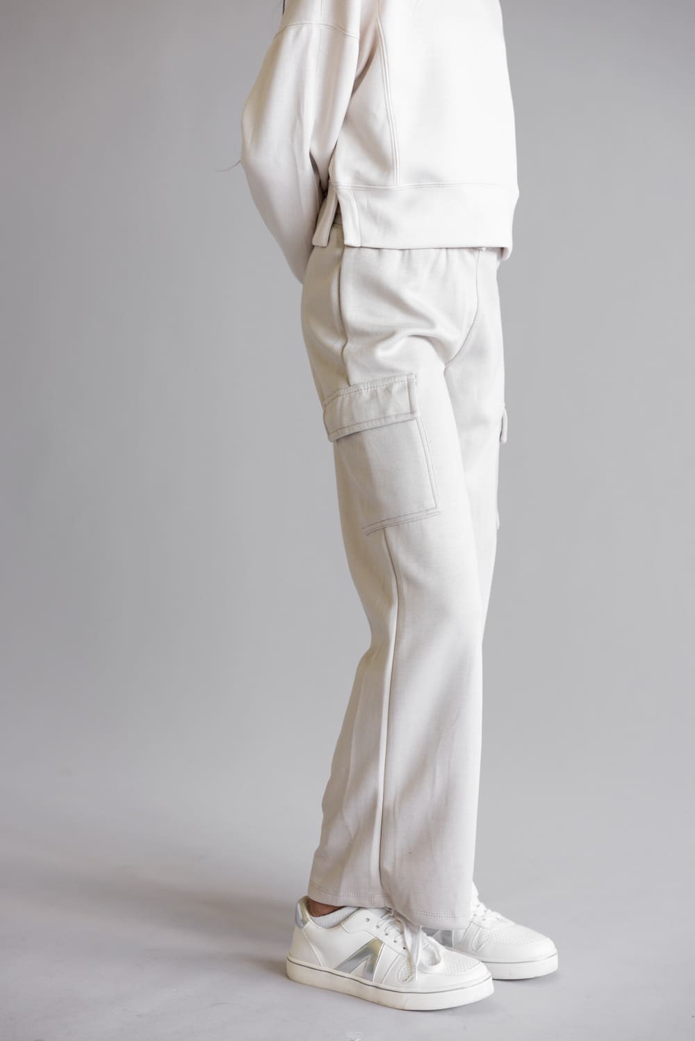 Youth Pullover & Wide Leg Pant Set for Girls in Grey/Beige