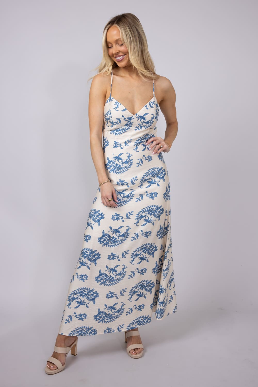 ACOA Printed Strappy Maxi Dress for Women in Blue