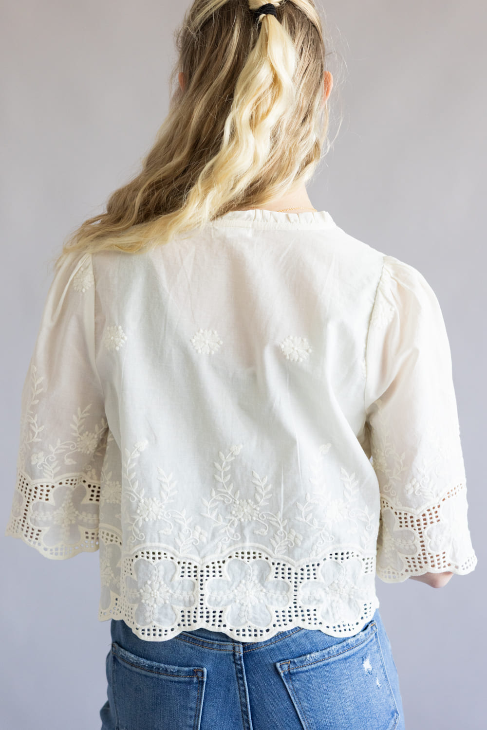 Embroidered Tie Front Top for Women in Ivory