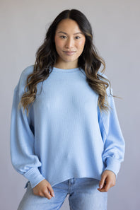 Blu Pepper Crewneck Ribbed Knit Shirt for Women in Light Blue