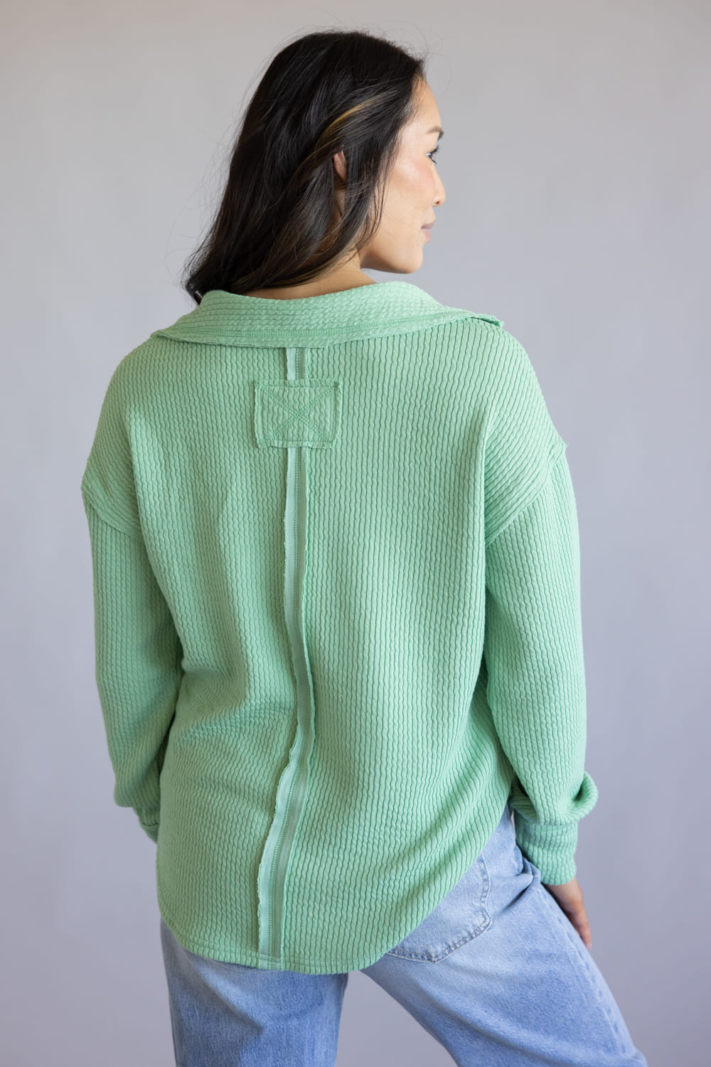 Blu Pepper Ribbed Knit Johnny Collar Top for Women in Sage