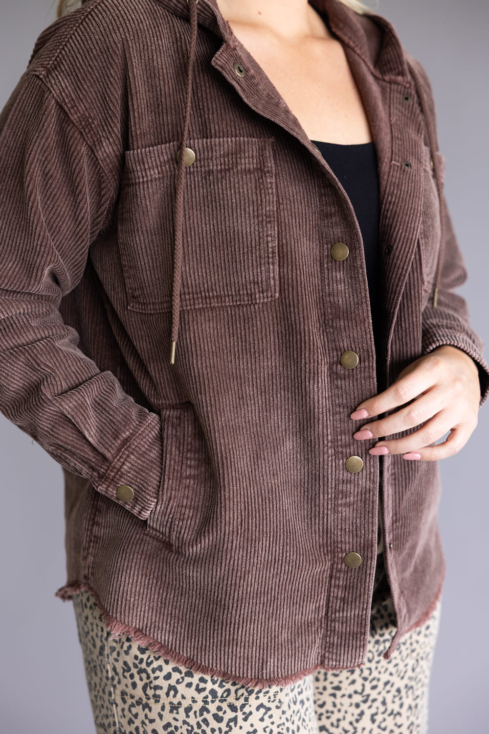 Corduroy Hooded Shacket for Women in Brown