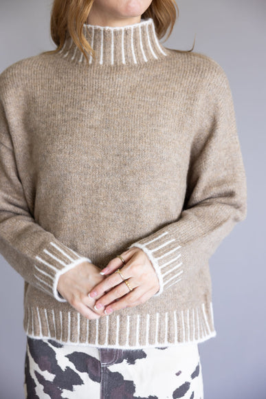 Elan Blanket Stitch Mock Neck Sweater for Women in Tan
