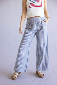  Smocked Waist Linen Wide Leg Pants for Women in Navy