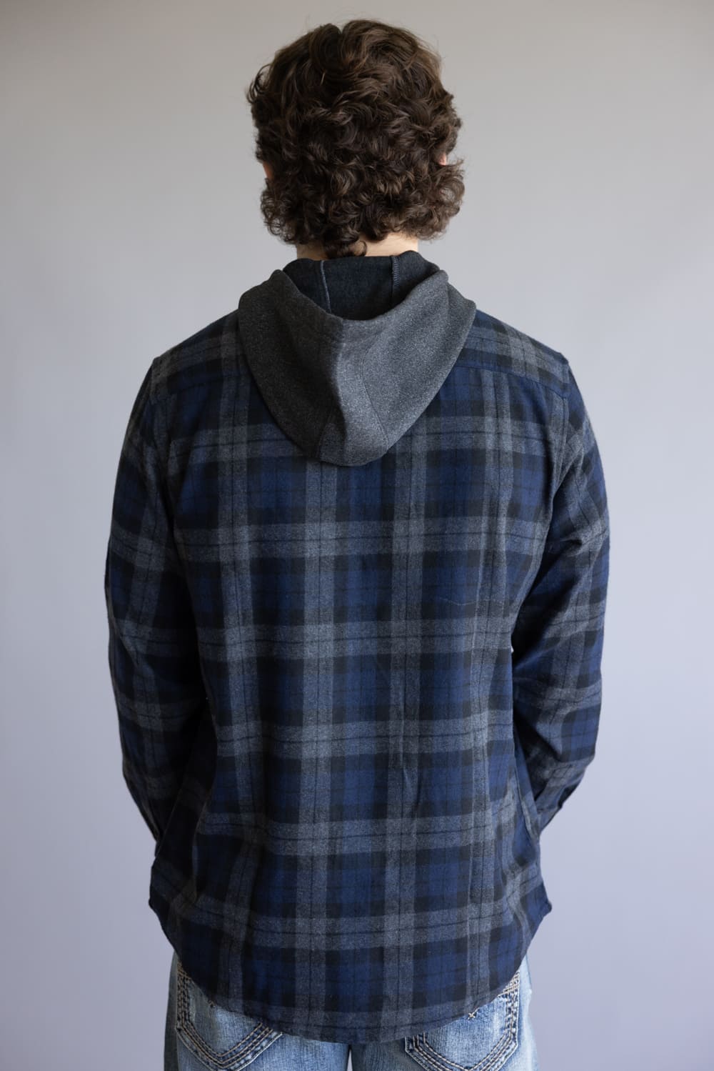 Hooded Plaid Flannel for Men in Navy Grey