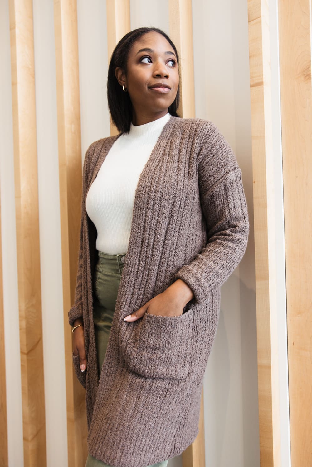 Ribbed Cardigan with Pockets for Women in Heather Mocha