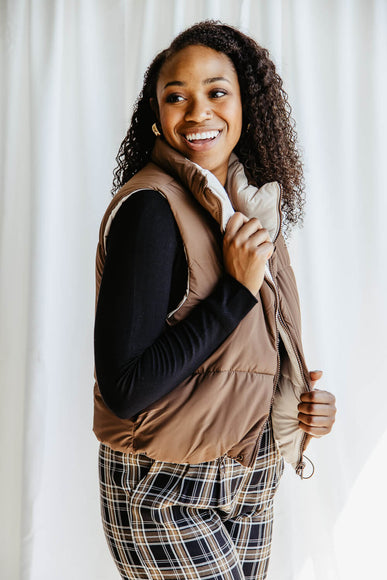 Love Tree Cropped Reversible Puffer Vest for Women in Cocoa Brown