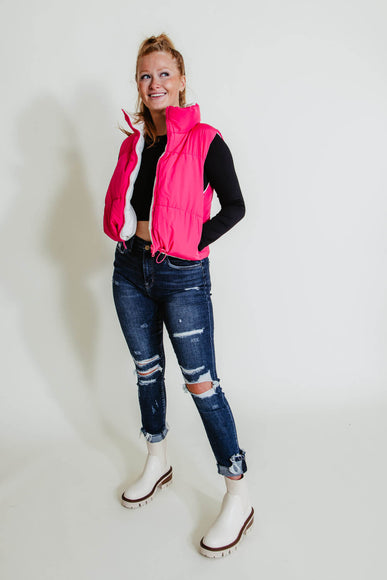 Love Tree Cropped Reversible Puffer Vest for Women in White/Fuchsia
