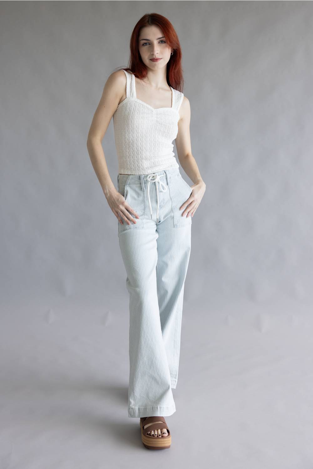 Lovervet by Vervet Striped High Rise Drawstring Wide Leg Jeans for Women
