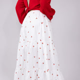 Mustard Seed Cherry Embroidered Tiered Midi Skirt for Women in White