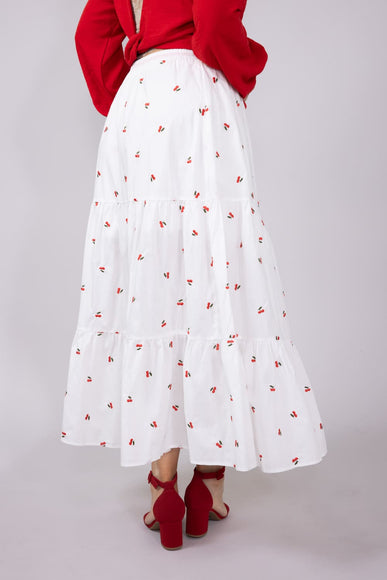 Mustard Seed Cherry Embroidered Tiered Midi Skirt for Women in White