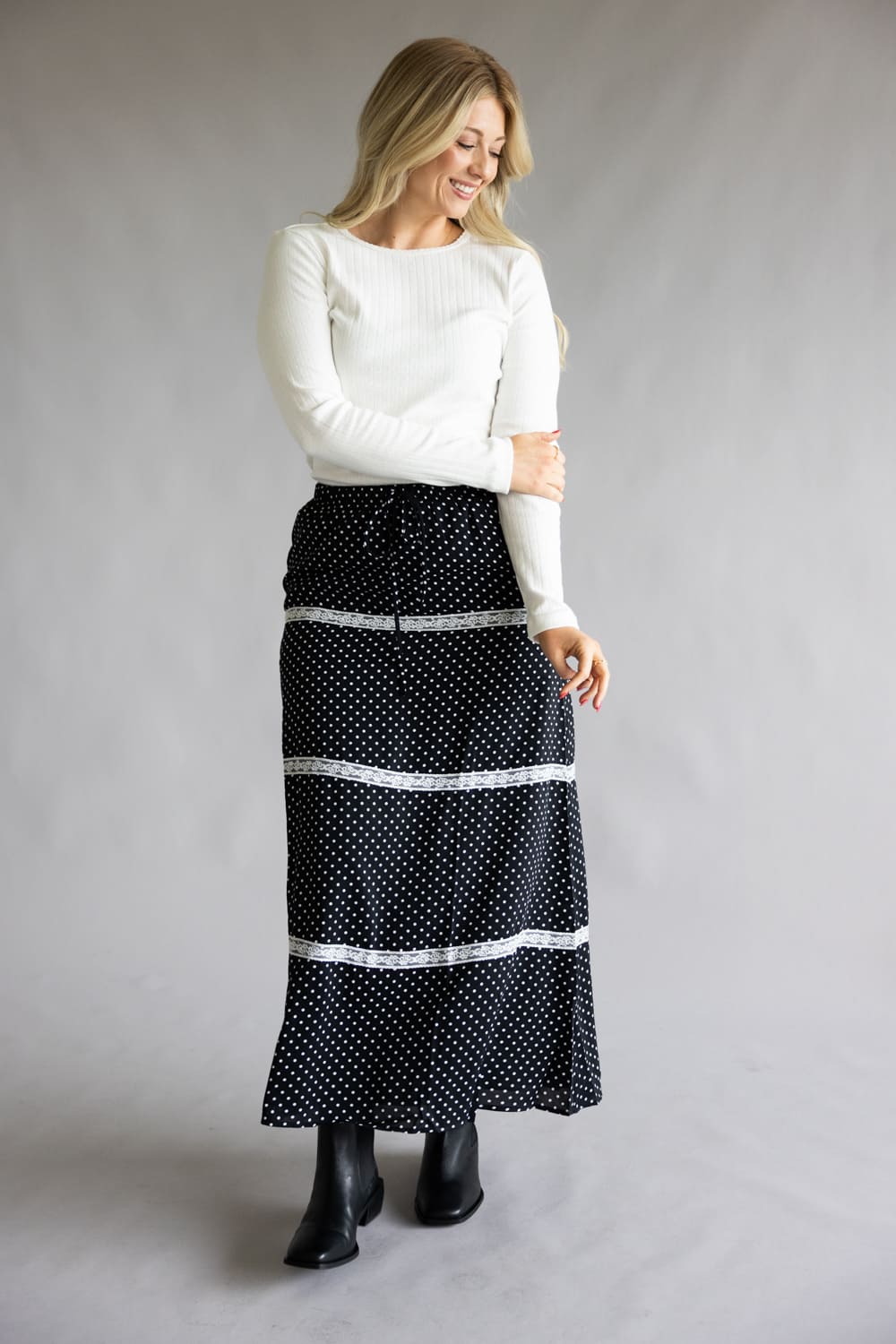 Rowan Polka Dot Tiered Maxi Skirt for Women in Black