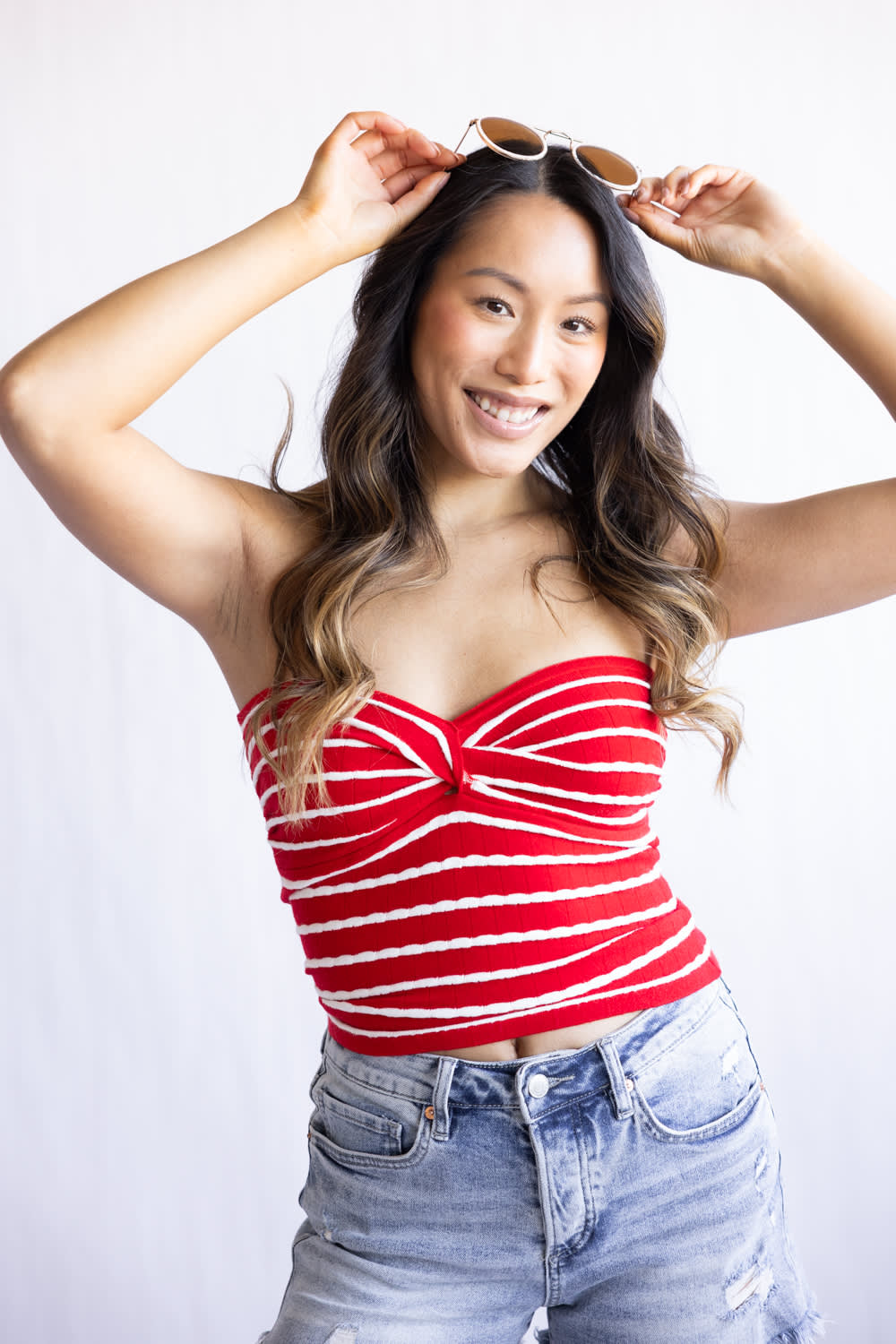 Striped Twist Front Tube Top for Women in Red/White