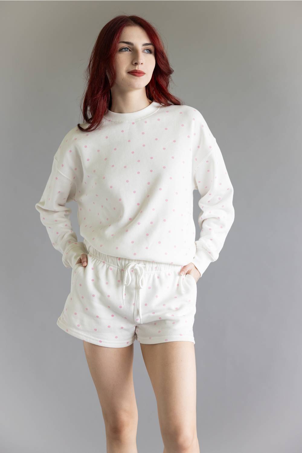 Polka Dot Fleece Crewneck for Women in White/Pink