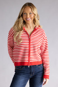 Things Between Striped Full Zip Hooded Cardigan for Women in Red
