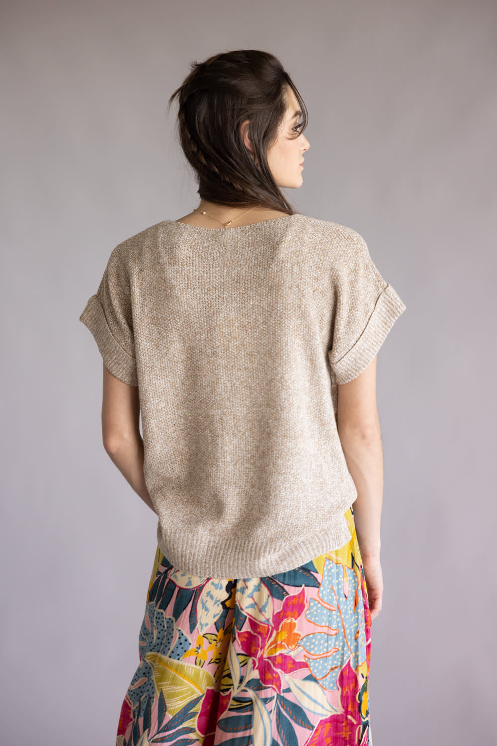 La Miel V-Neck Short Sleeve Sweater for Women in Taupe