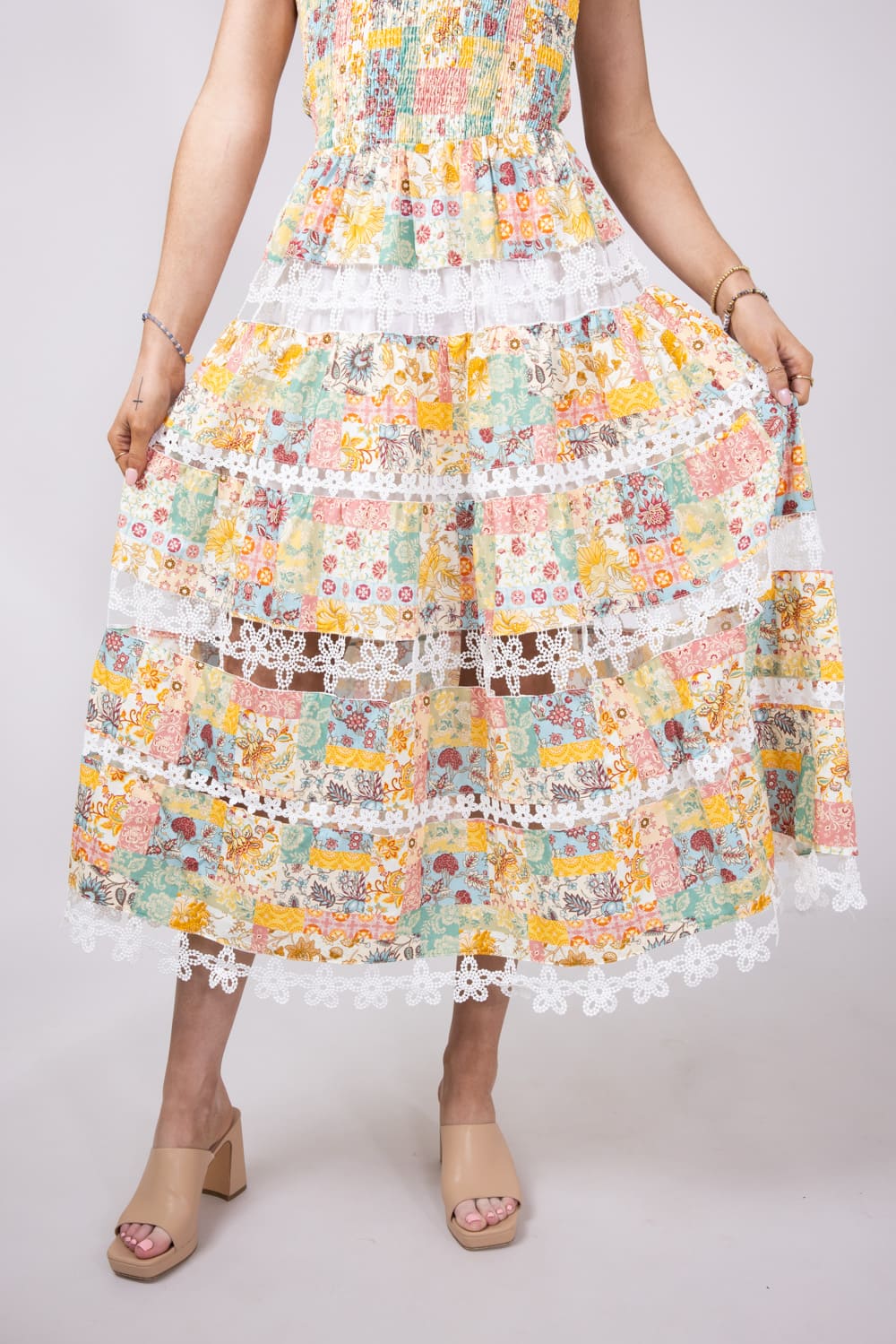 Strut & Bolt Floral Eyelet Strapless Midi Dress for Women in Yellow Mu Glik's Strut & Bolt Floral Eyelet Strapless Midi Dress for Women in Yellow Mu Glik's