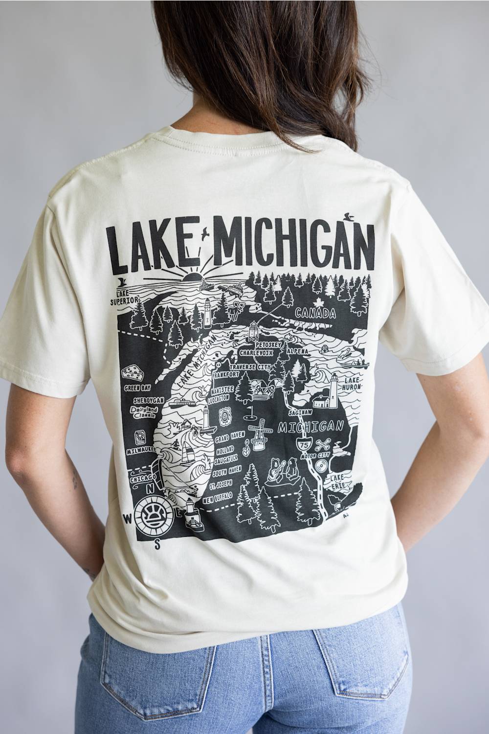 Distant Local Michigan Great Lakes Map Unisex T-Shirt in Bone | 1082-BONE-MI