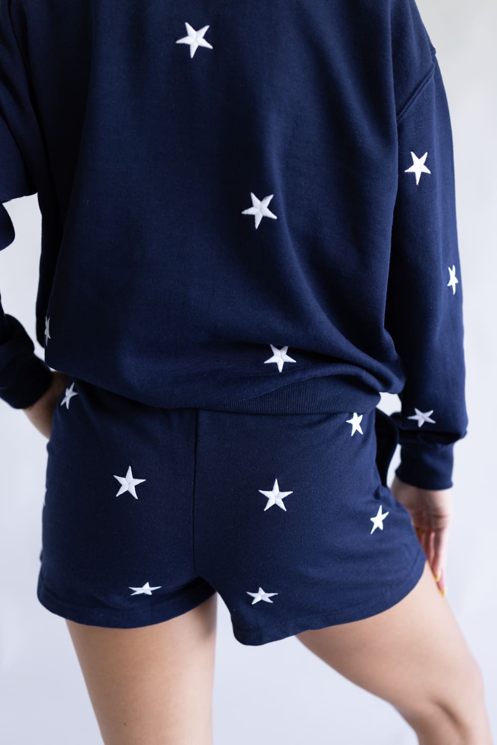 1897 Active Embroidered Star Fleece Shorts for Women in Navy Blue