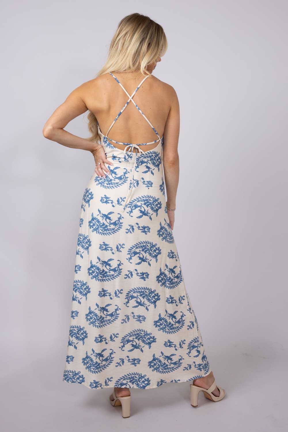 ACOA Printed Strappy Maxi Dress for Women in Blue