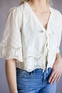 Embroidered Tie Front Top for Women in Ivory